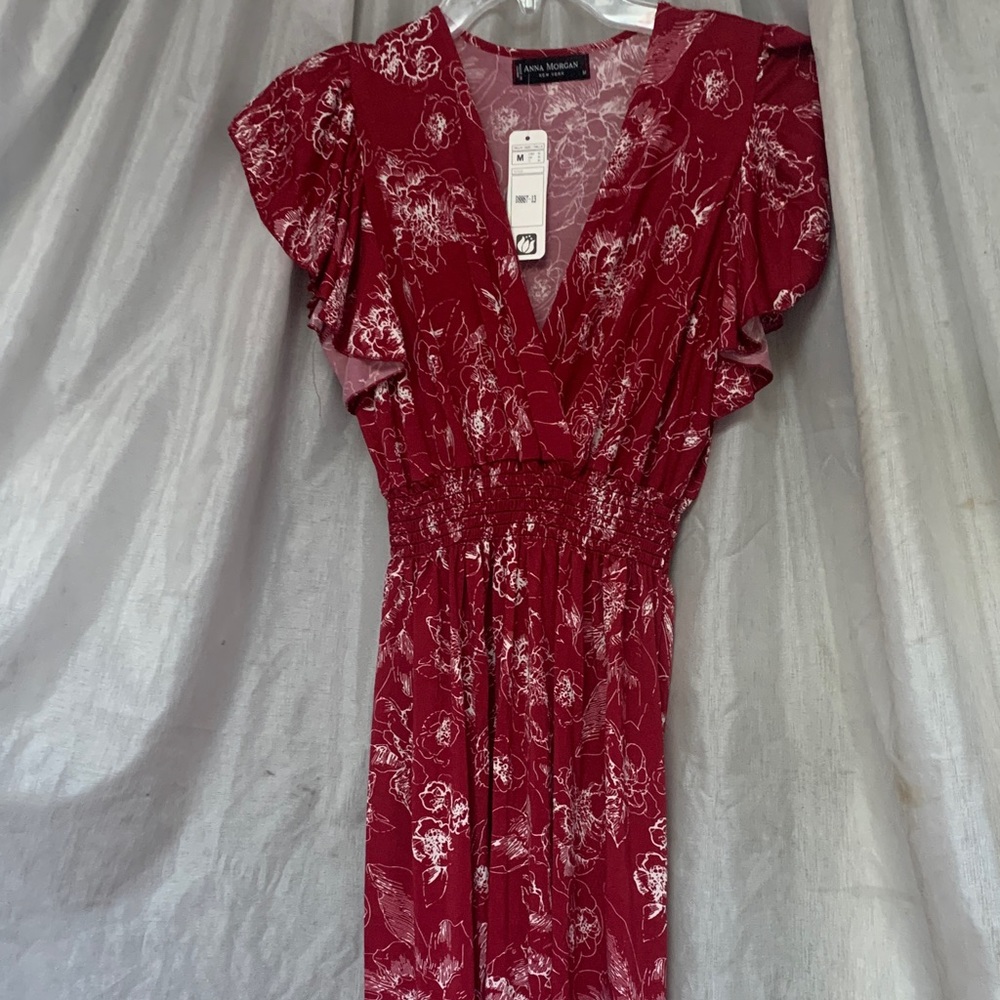 Red Floral Maxi Dress with V-Neck and Smocked Waist
